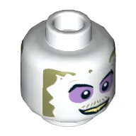 Minifig Head Beetlejuice, Dual Sided, Purple Eye Shadow, Dirt Around Face, Smile / Angry Print [Hollow Stud] / White