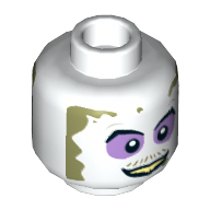 Lego Minifig Head Beetlejuice, Dual Sided, Purple Eye Shadow, Dirt Around Face, Smile / Angry Print [Hollow Stud] / White