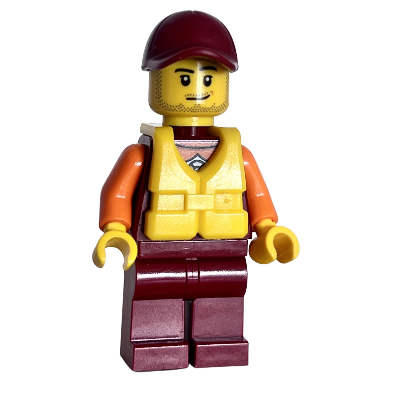 Lego Lifeguard, Dark Red Wetsuit, Dark Red Cap, Yellow Life Vest, Stubble
