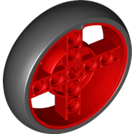 Lego Wheel 57 x 14 with 4 Spokes with 2 Holes and Black Integral Tire / Red
