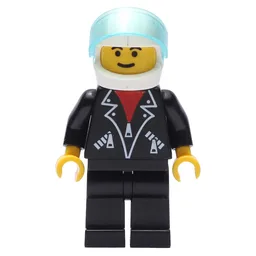 Man, Open Black Jacket over Red Shirt, Black Legs, Helmet and Visor