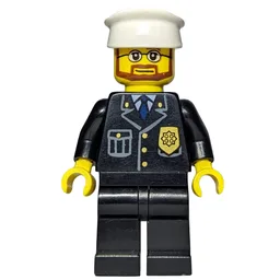 Policeman, Black Suit with Badge, White Hat, Beard and Glasses