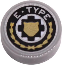 Tile, Round 1 x 1 with Gold Jaguar Face Silhouette, Black and Silver Circles with "E TYPE" Emblem Pattern