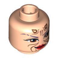 Lego Minifig Head Sugi, Large Brown Eyes, Red Lips and Cheek Lines / Purple Hair Print / Light Nougat