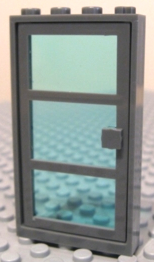 Lego Door, Frame 1 x 4 x 6 with 4 Holes on Top and Bottom with Dark Bluish Gray Door with 3 Panes and Square Handle with Fixed Trans-Light Blue Glass (30179 / x39c01)