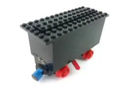 Train Battery Box Car with Two Contact Holes, Red Switch Lever, Blue and Red Magnets, Red Wheels, and Black Roof