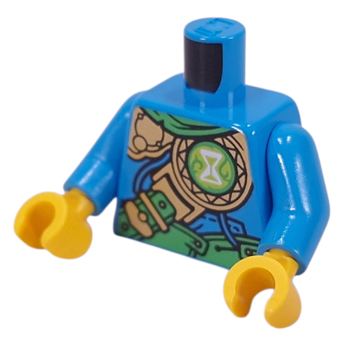 Lego Torso, Green Strap, Gold Armor, White Hourglass on Lime Circle print, Dark Azure Arms, Yellow Hands / Dark Azure