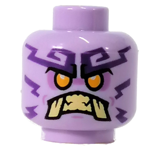 Lego Minifig Head Poulerik / Rumble Keeper, Bright Light Orange Eyes, Tan Teeth, Fangs, Dark Purple Lightning print / Lavender