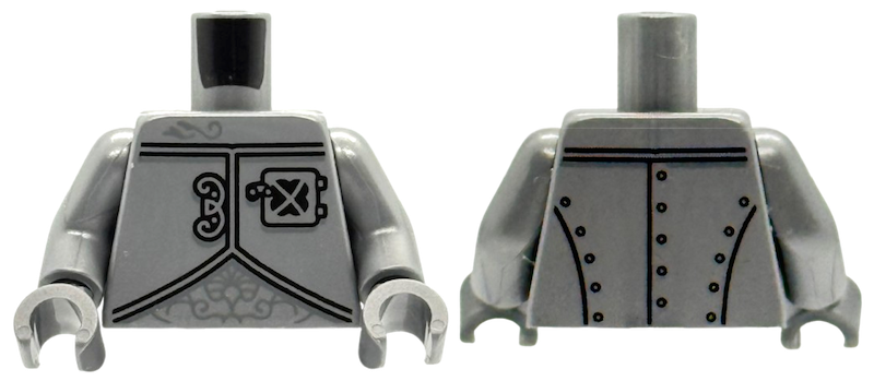 Lego Torso Armor with Black Clasp, Hatch and Rivets, Dark Silver Ornate Symbols Pattern / Flat Silver Arms / Flat Silver Hands