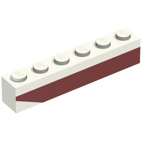 Lego Brick 1 x 6 with Dark Red Bottom Stripe Inverted Slope Up at Left End Print - Set 611-2 / White