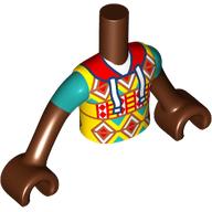 Lego Minidoll Torso Boy with Yellow Shirt, Red/White/Dark Orange/Dark Turquoise Decorations, White Laces print, Reddish Brown Arms and Hands / Reddish Brown
