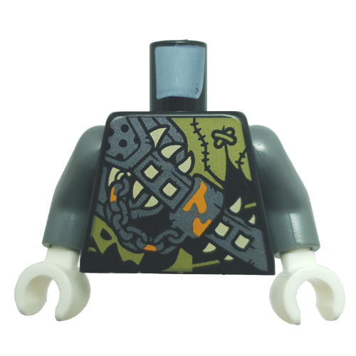Lego Torso, Silver Armor, Chain, Yellowish Green Fangs, Olive Tattered Shirt print, Pearl Titanium Arms, White Hands / Black