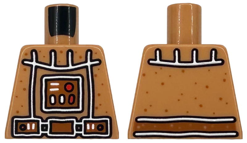 Lego Torso Armor Gingerbread with Dark Orange Dots, White Icing, Black Outline, Reddish Brown Belt and Control Panel with Red Buttons and Lights Pattern