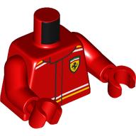 Lego Torso, Racing Suit, White/Yellow Stripes, Ferrari Logo print, Red Arms and Hands / Red