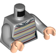 Lego Torso Sweater with Bright Light Yellow, Dark Red, and Sand Blue Lines, White Shirt Print, Light Bluish Gray Arms, Light Nougat Hands / Light Bluish Gray