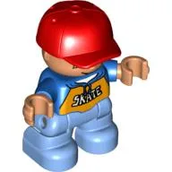 Duplo Figure Child with Cap Red, with Blue Shirt with 'SKATE' Print - Freckles - Medium Blue Legs / Blue