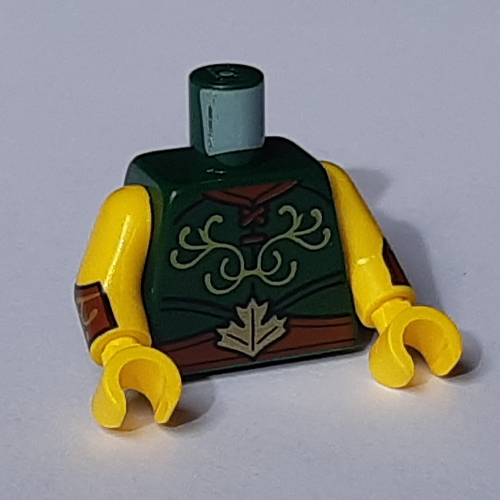 Lego Torso Tunic with Laces, Lime Decoration and Reddish Brown Belt with Leaf Print, Yellow Arms and Hands with Cuffs Print / Dark Green
