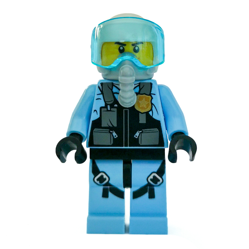 Lego Policeman, Black Vest with Badge and Pouches over Bright Light Blue Shirt, White Helmet with Visor, Breathing Apparatus