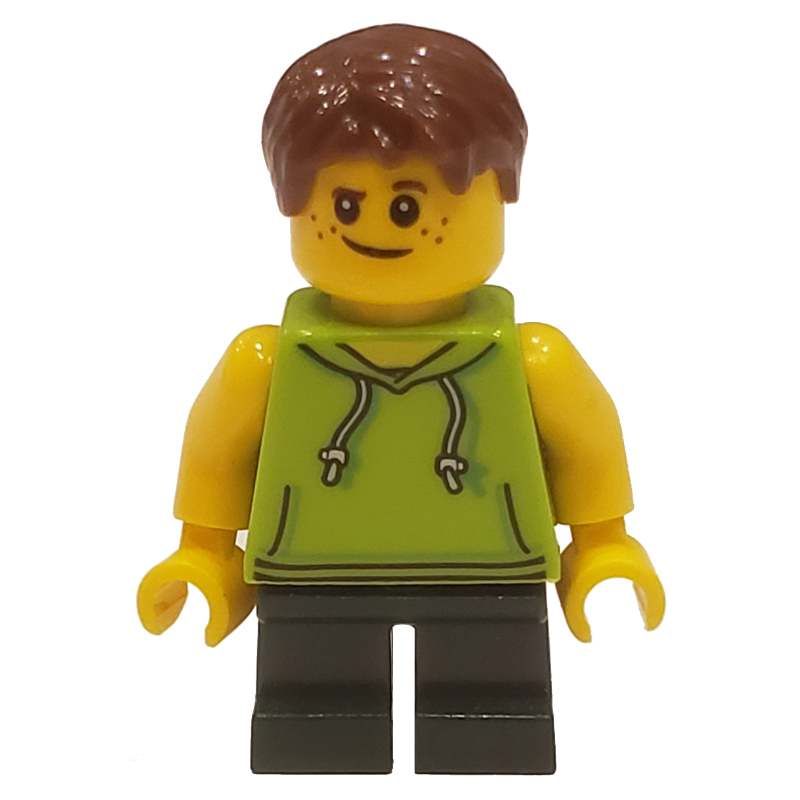 Lego Kid, Lime Torso, Dark Green Legs, Dark Brown Hair