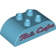Lego Duplo Brick 2 x 4 Curved Top, with Dark Pink 'Flo's Cafe' Print / Medium Azure