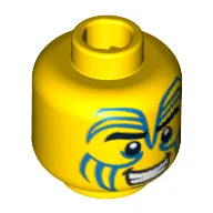 Minifig Head Island Warrior, Tribal Blue Face Paint, Black Eyebrows and Grin Print [Hollow Stud] / Yellow