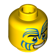 Lego Minifig Head Island Warrior, Tribal Blue Face Paint, Black Eyebrows and Grin Print [Hollow Stud] / Yellow