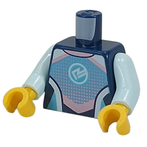Lego Torso, Wetsuit, Bright Light Blue/Lavender/Light Aqua Shapes, White Symbol, Zipper on Back print, Light Aqua Arms, Yellow Hands / Dark Blue