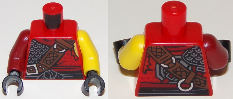 Lego Torso Ninjago Armor Chain Mail with Reddish Brown Wide Belt and Black Sash Pattern / Yellow Arm Left / Dark Red Arm Right / Black Hands