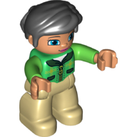 Lego Duplo Figure with Thick Short Hair Combed over Forehead and Bun Black, with Green Top - Tan Legs / Green