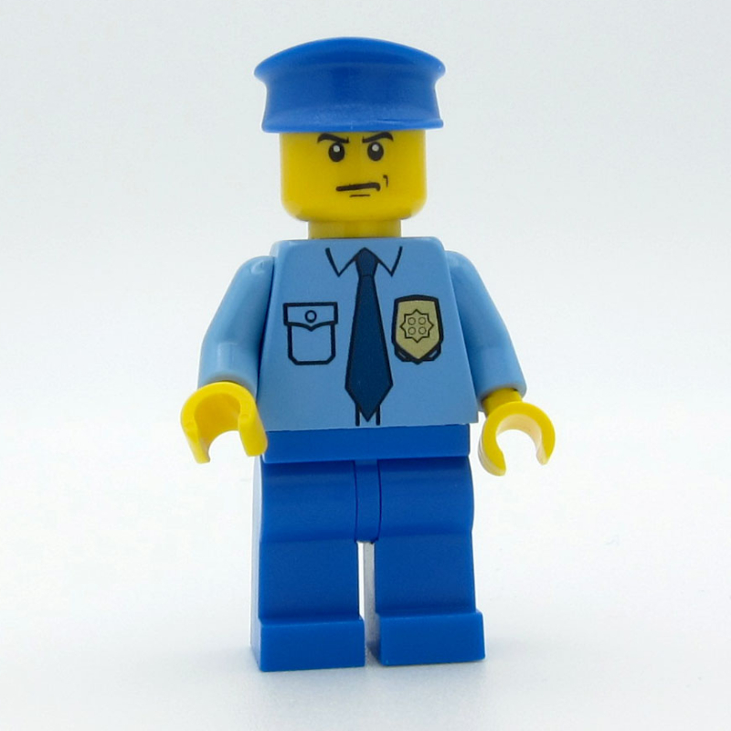 Lego Policeman, Medium Blue Shirt with Badge and Tie, Blue Legs, Blue Hat, Scowl