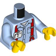 Lego Torso, Shirt, Red Suspenders, White ID Badge print, Bright Light Blue Arms, Yellow Hands / Bright Light Blue