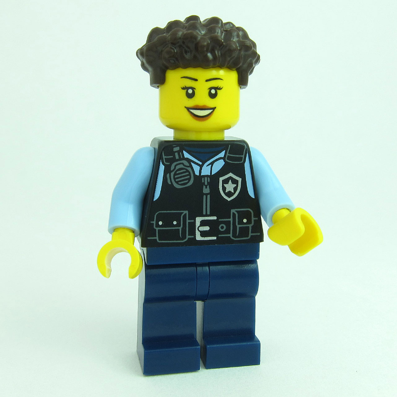 Lego Police Officer, Black Vest, Dark Brown Hair