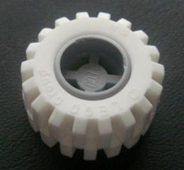 Lego Wheel 11mm D. x 12mm, Hole Notched for Wheels Holder Pin with White Tire 21mm D. x 12mm - Offset Tread Small Wide (6014b / 6015)