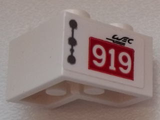Lego Brick 2 x 2 Corner with Dark Bluish Gray Line and Dots, Black 'WEC', '919' on Red Rectangle Pattern Model Left Side (Sticker) - Set 75876