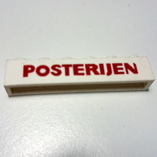 Lego Brick 1 x 6 without Bottom Tubes with Cross Side Supports with 'POSTERIJEN' Bold Red Print / White