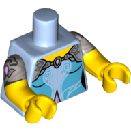 Lego Torso, Dual Molded Arms, Dress with Yellow Neck, Lavender Shoulders and Shiny Trim Print, Flat Silver Sleeves Pattern, Yellow Arms and Hands / Bright Light Blue
