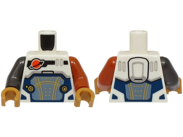 Lego Torso Reddish Orange and Black Classic Space Logo, Sand Blue Panel with Gold Lines, Dark Blue Trim Pattern / Dark Orange Arm Left / Pearl Dark Gray Arm Right / Pearl Gold Hands