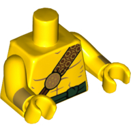 Lego Torso Bare Chest with Reddish Brown and Gold Strap and Dark Green Waist Sash Print, Yellow Arms and Hands with Gold Cuffs Print / Yellow