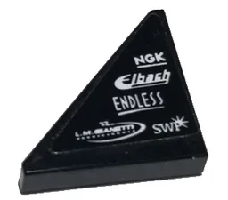 Tile, Modified 2 x 2 Triangular with White 'NGK', 'Elbach', 'ENDLESS', 'L.M. GRANETTI', and 'SWP' Pattern Model Left Side (Sticker) - Set 75885