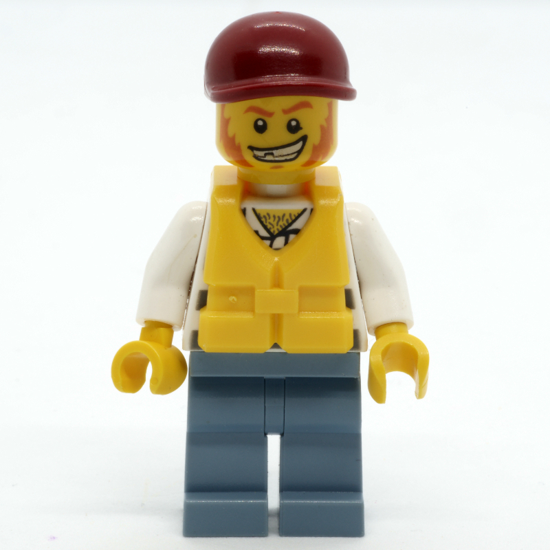 Lego Criminal, Overalls over Prison Shirt, Dark Red Cap, Yellow Life Vest
