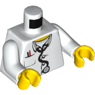 Lego Torso Hospital Lab Coat, Open Collar, Stethoscope, Pocket Pen and Thermometer Print, White Arms, Yellow Hands / White