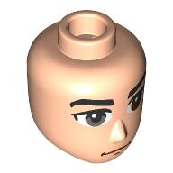 Lego Minidoll Head Male, Dark Bluish Grey Right Eye, Reddish Brown Left Eye, Stern Look / Light Nougat