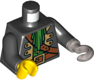 Lego Torso Pirate Captain Jacket Open with Gold Trim over Green Shirt with Narrow Neck Ruffle, Dark Orange Strap, Belt with Buckle Pattern / Black Arms / Flat Silver Hook Left / Yellow Hand Right