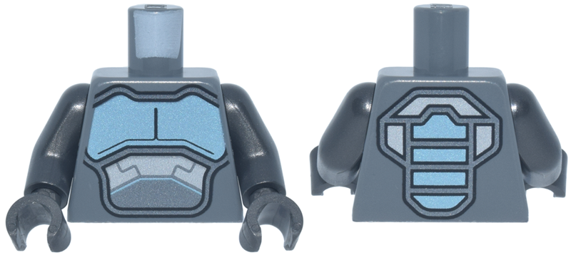 Lego Torso Metallic Light Blue and Silver Armor Panels and Stripes and Dark Silver and Black Trim Pattern / Pearl Dark Gray Arms / Pearl Dark Gray Hands