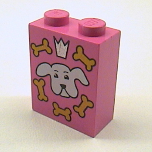 Lego Brick 1 x 2 x 2 with Inside Axle Holder with Dog Biscuit Box Print / Medium Dark Pink