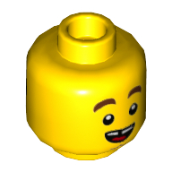 Lego Minifig Head Hacksaw Hank, Reddish Brown Thick Eyebrows, Chin Dimple, Open Mouth Smile with Tongue / Angry with Black Eyemask Print / Yellow