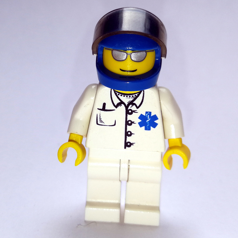 Lego Doctor, White Shirt with Star of Life Logo, Blue Helmet with Visor, Silver Sunglasses