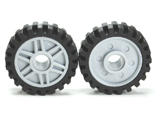 Lego Wheel 18mm D. x 8mm with Fake Bolts and Shallow Spokes with Black Tire 24mm D. x 7mm Offset Tread - Band Around Center of Tread (56902 / 61254)