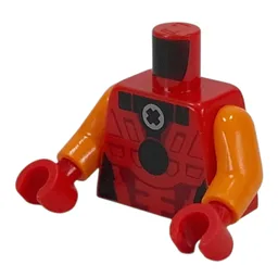 Torso, Dark Red Armor, Black Circle, Light Bluish Grey Technic Bush Print, Orange Arms, Red Hands / Red