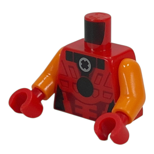 Lego Torso, Dark Red Armor, Black Circle, Light Bluish Grey Technic Bush print, Orange Arms, Red Hands / Red
